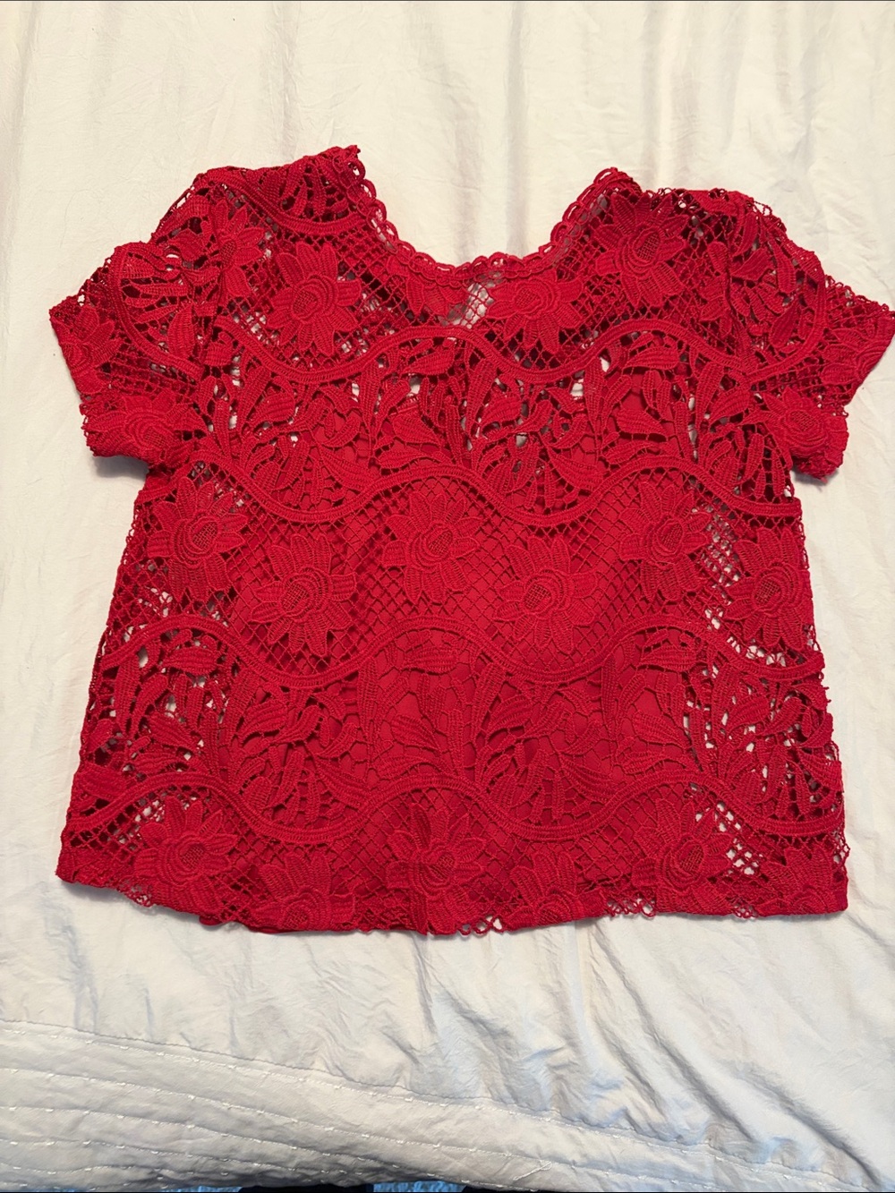 Lace Crochet Short Sleeve Top - Red